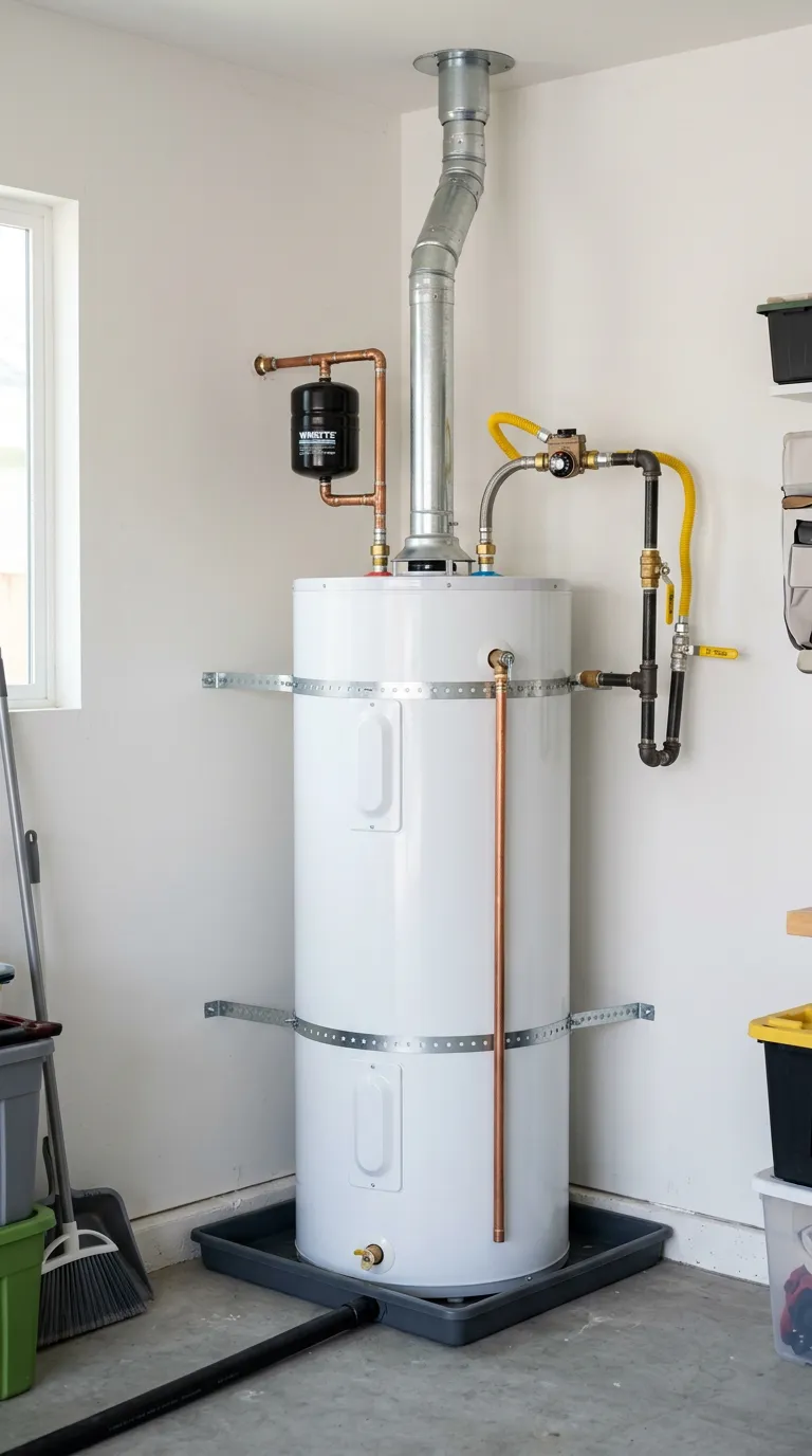 Newly installed tank water heater in a garage with seismic straps, expansion tank, gas shutoff, flex connectors and drain pan
