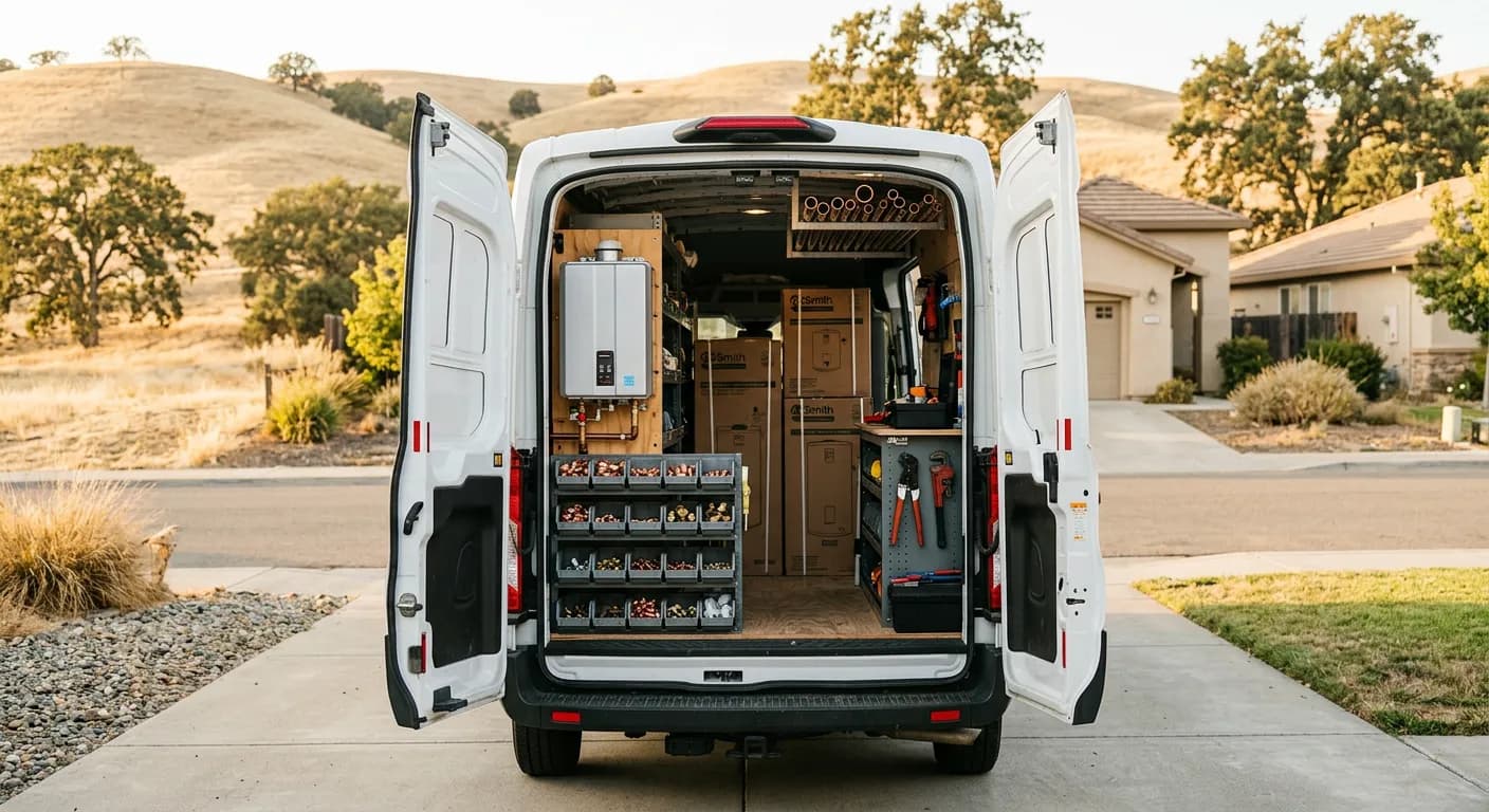 Service van with rear doors open, stocked with new tank and tankless water heaters and parts